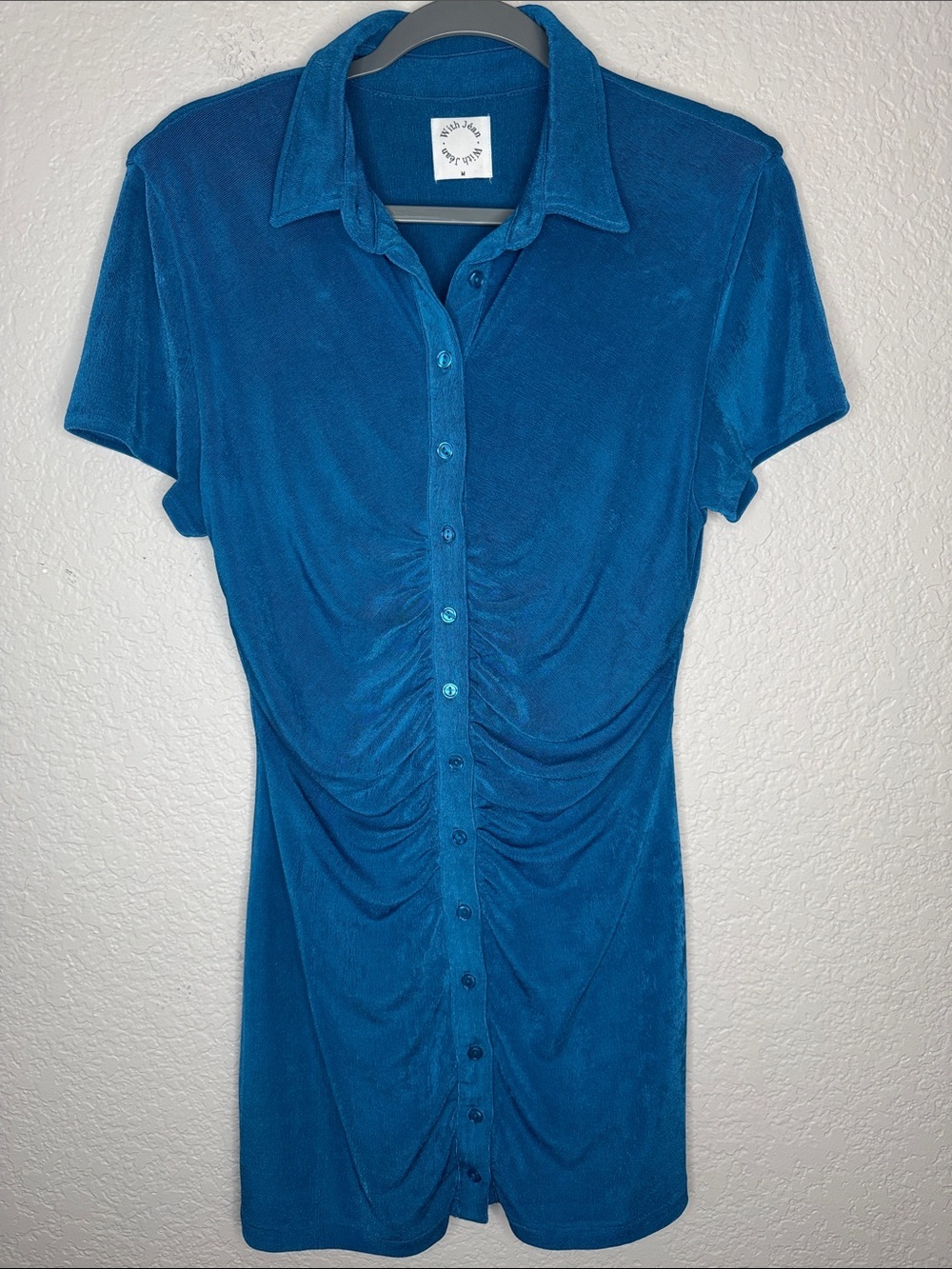 With Jean Alexa Electra Blue Mini Dress Medium Button Ruching - Picture 3 of 7